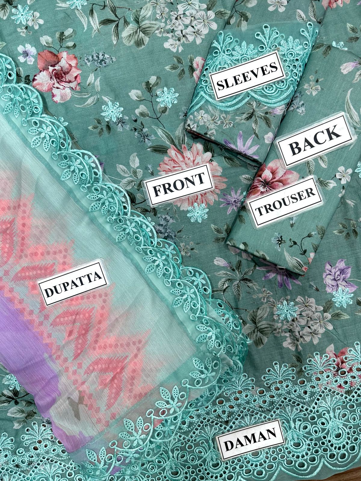 Brand Adan Libas Unstitch Replica Fabric Lawn Chickenkari Suit With Chiffon Embroided Dupatta