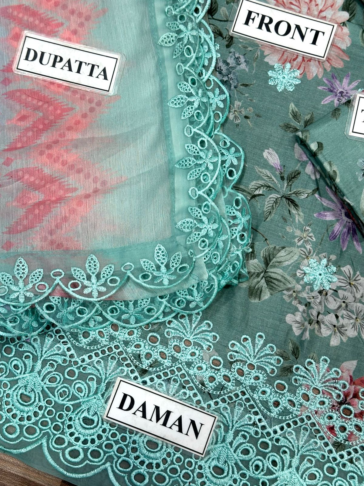Brand Adan Libas Unstitch Replica Fabric Lawn Chickenkari Suit With Chiffon Embroided Dupatta