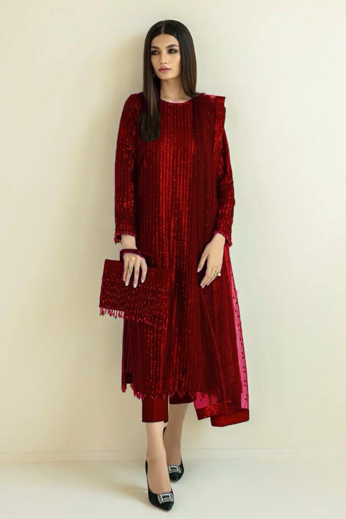 Brand Baroque Unstitch Replica High Quality Chiffon Suit With Malai trouser And Soft Net Dupatta