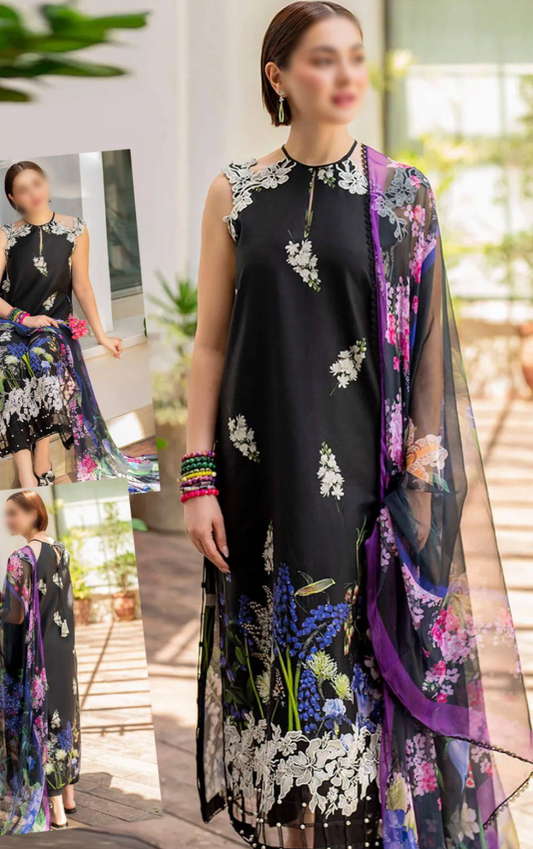 Brand Asifa Nabeel 3 Piece Unstitch Replica Swiss lawn suit with organza dupatta