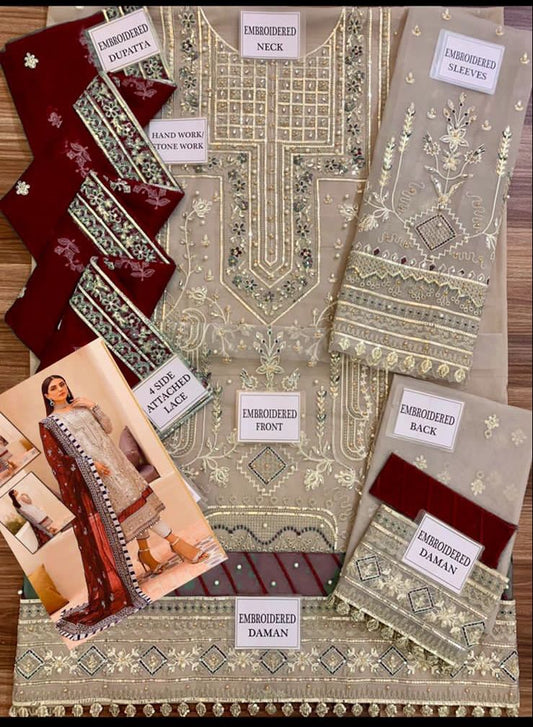 Brand Gulaal Wedding Collection Unstitch Organza Suit With Malai trouser