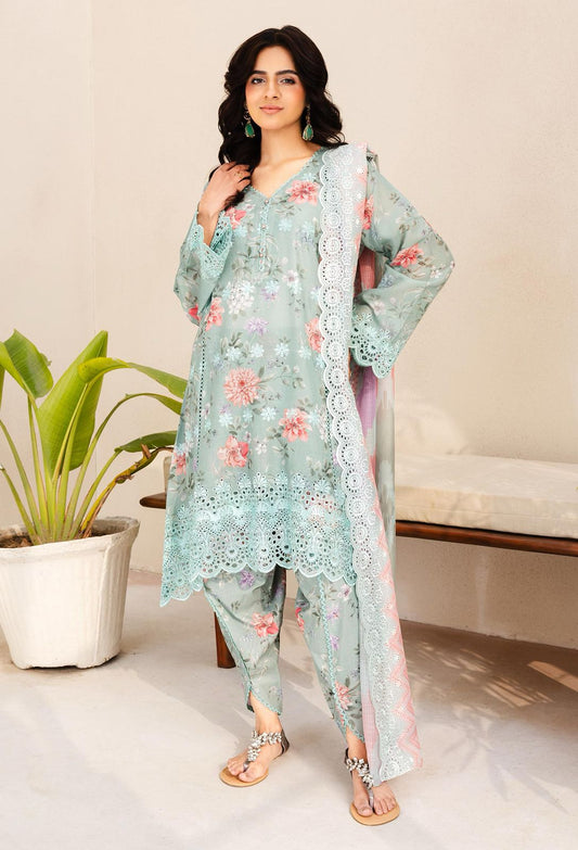 Brand Adan Libas Unstitch Replica Fabric Lawn Chickenkari Suit With Chiffon Embroided Dupatta