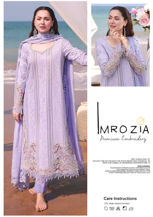 Brand Imrozia Unstitch Replica Chicken Kari Lawn Cotton Suit With Khaddi Net Dupatta
